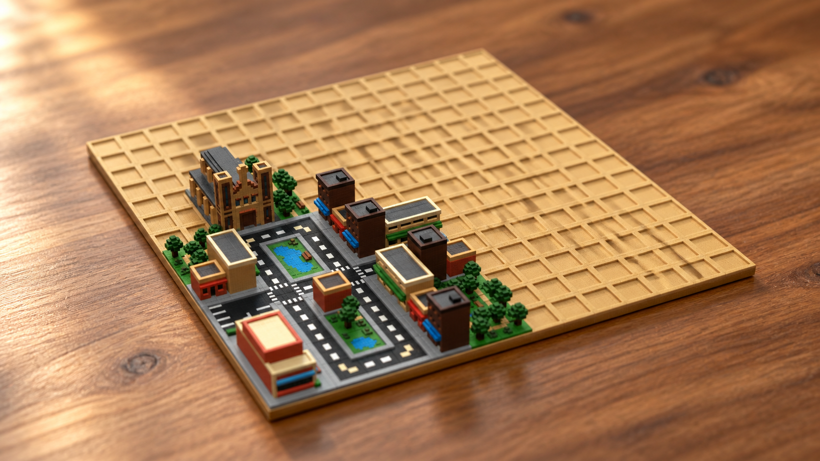 A miniature city of buildings, roads and parks on a sand-colored modular board on a wooden table