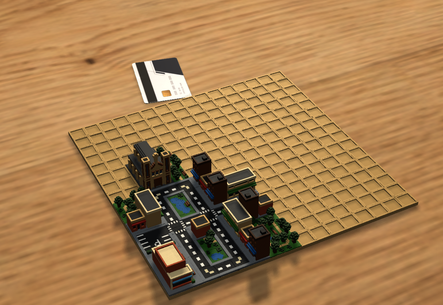 Original Pixelton concept showing roads, parks and detailed buildings occupying one corner of a large modular grid
